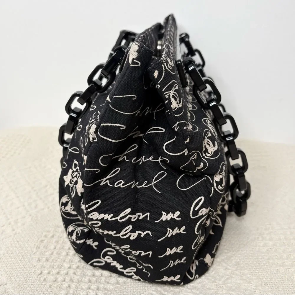 Y2K Vintage CHANEL Canvas Camellia Flower Tote Authentic Acrylic Chain Strap - Picture 6 of 11